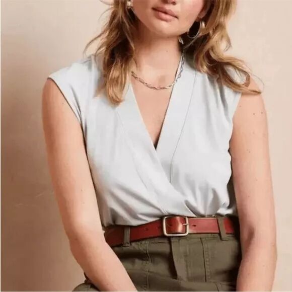 Banana Republic Factory Top Crepe Fabric Faux Wrap Banded Hem Gray Size L - Picture 1 of 9